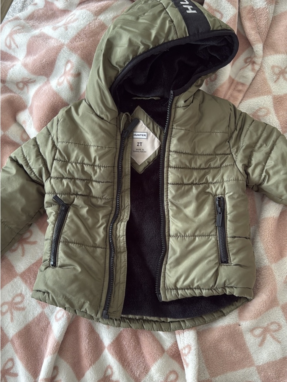 Hunter Kids Olive Green Puffer Jacket with Black Lining & Hood